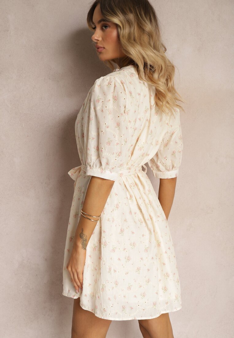 retro & icone Rochie Bej-Roz Trapez stil cămașă Decorată cu cordon textil în talie Darnagia