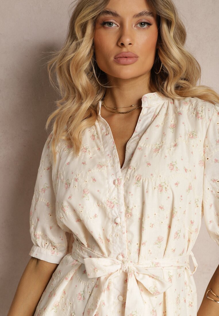 retro & icone Rochie Bej-Roz Trapez stil cămașă Decorată cu cordon textil în talie Darnagia