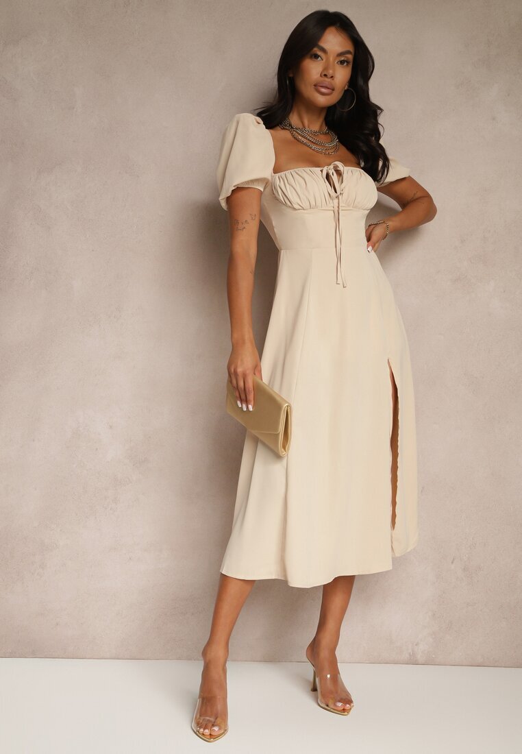 retro & icone Rochie bej rustică cu croi evazat cu legătură și șliț Idanvera