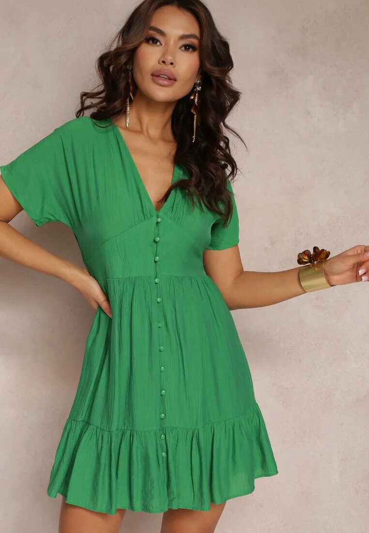 retro & icone Rochie-cămașă Cambrată Verde Mini cu Decolteu adânc și Volan Nentri
