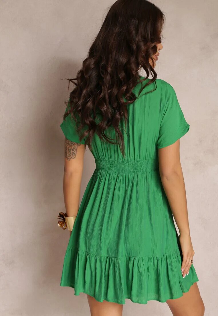retro & icone Rochie-cămașă Cambrată Verde Mini cu Decolteu adânc și Volan Nentri