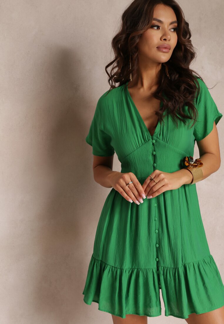 retro & icone Rochie-cămașă Cambrată Verde Mini cu Decolteu adânc și Volan Nentri