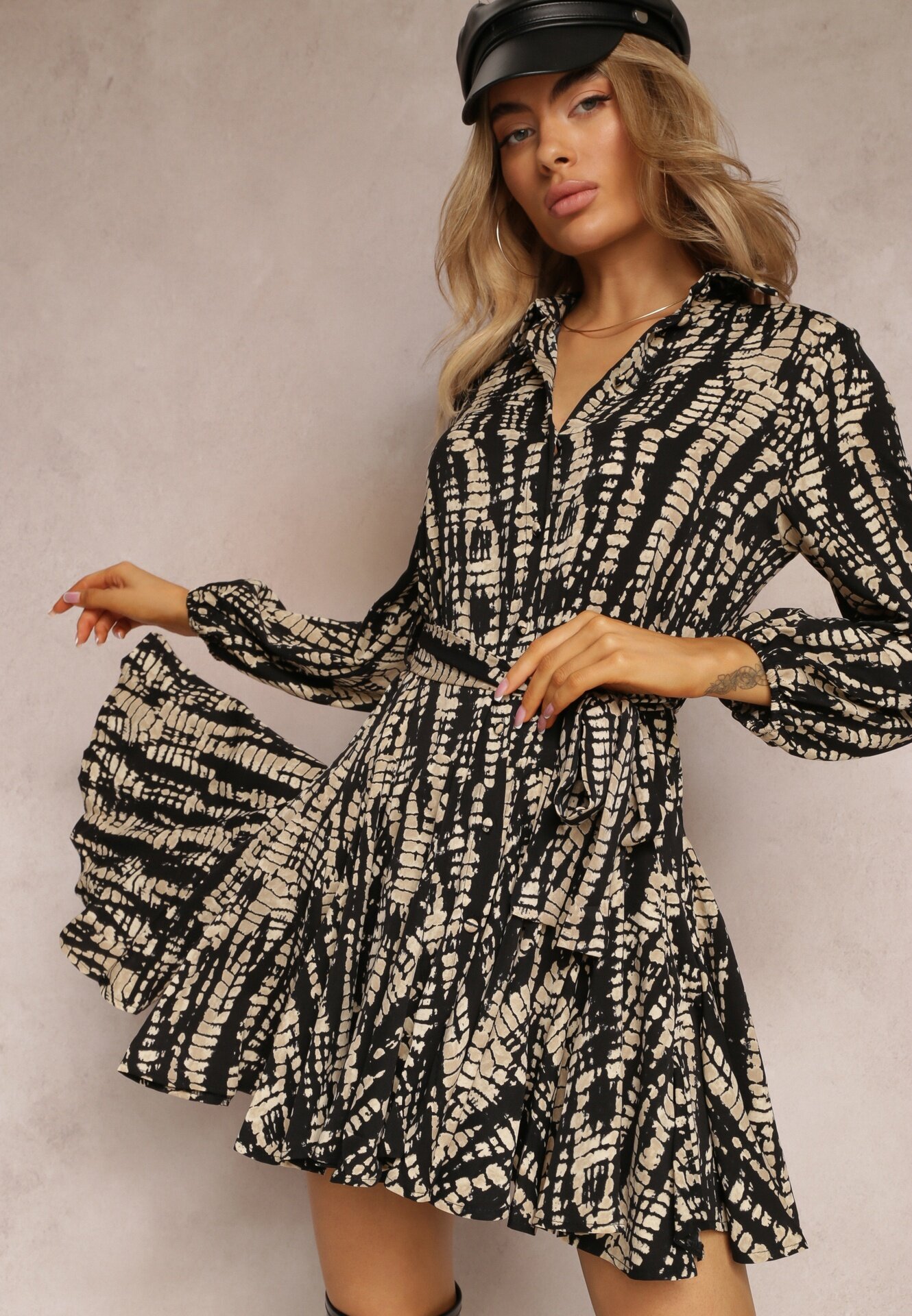 retro & icone Rochie Cămașă Neagră Mini cu Volan și Curea Legată Anagal