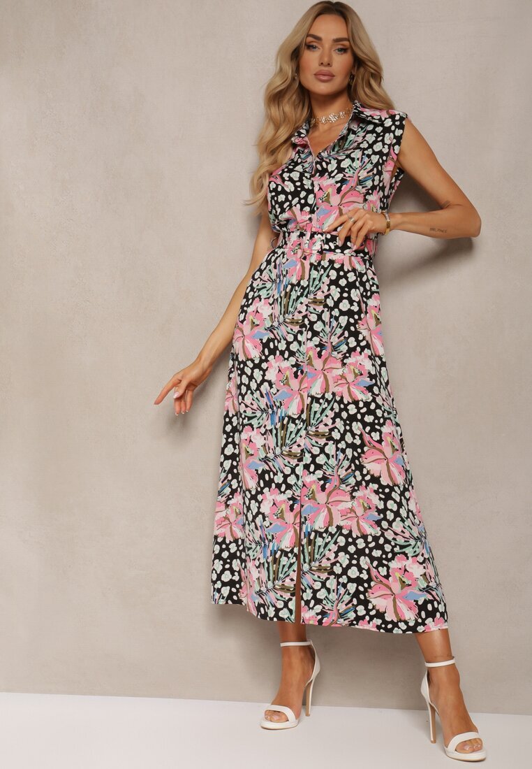 retro & icone Rochie cămașă Negru-Roz cu nasturi cu centură din material florală Leapia