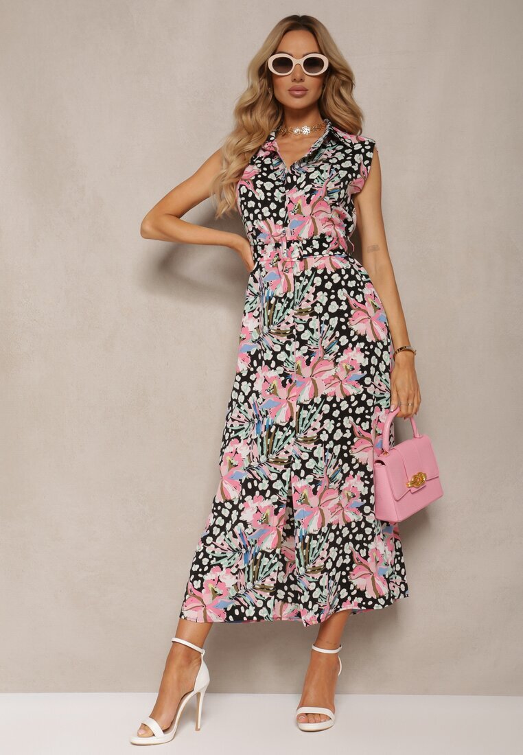 retro & icone Rochie cămașă Negru-Roz cu nasturi cu centură din material florală Leapia