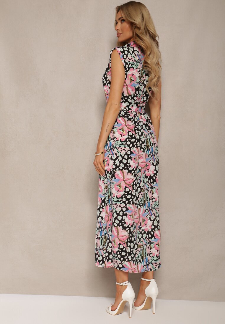 retro & icone Rochie cămașă Negru-Roz cu nasturi cu centură din material florală Leapia