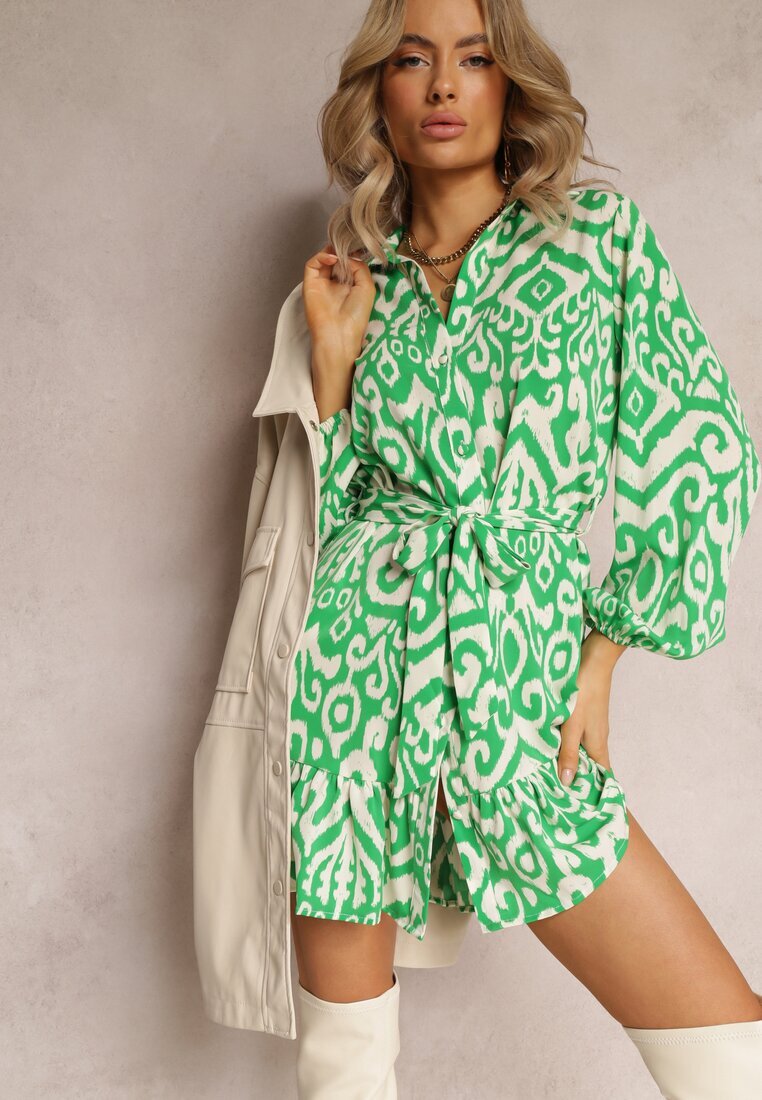 retro & icone Rochie Cămașă Verde cu Volan la Bază și Centură cu Legătură Ametista
