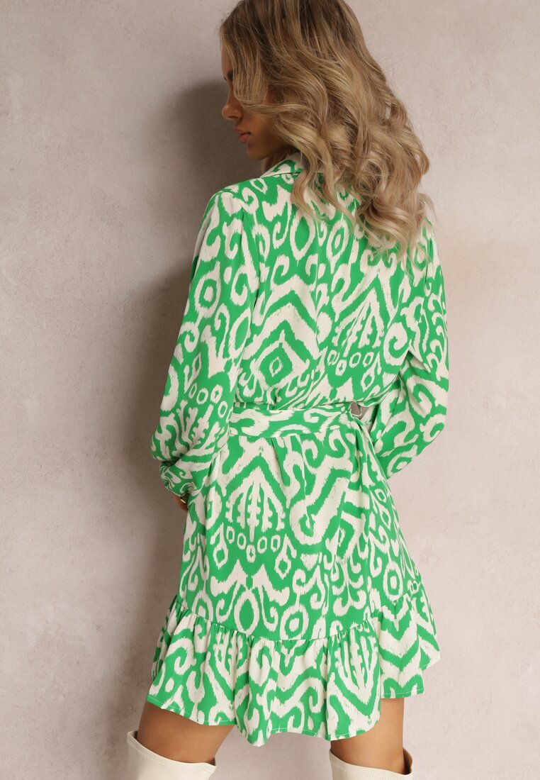 retro & icone Rochie Cămașă Verde cu Volan la Bază și Centură cu Legătură Ametista