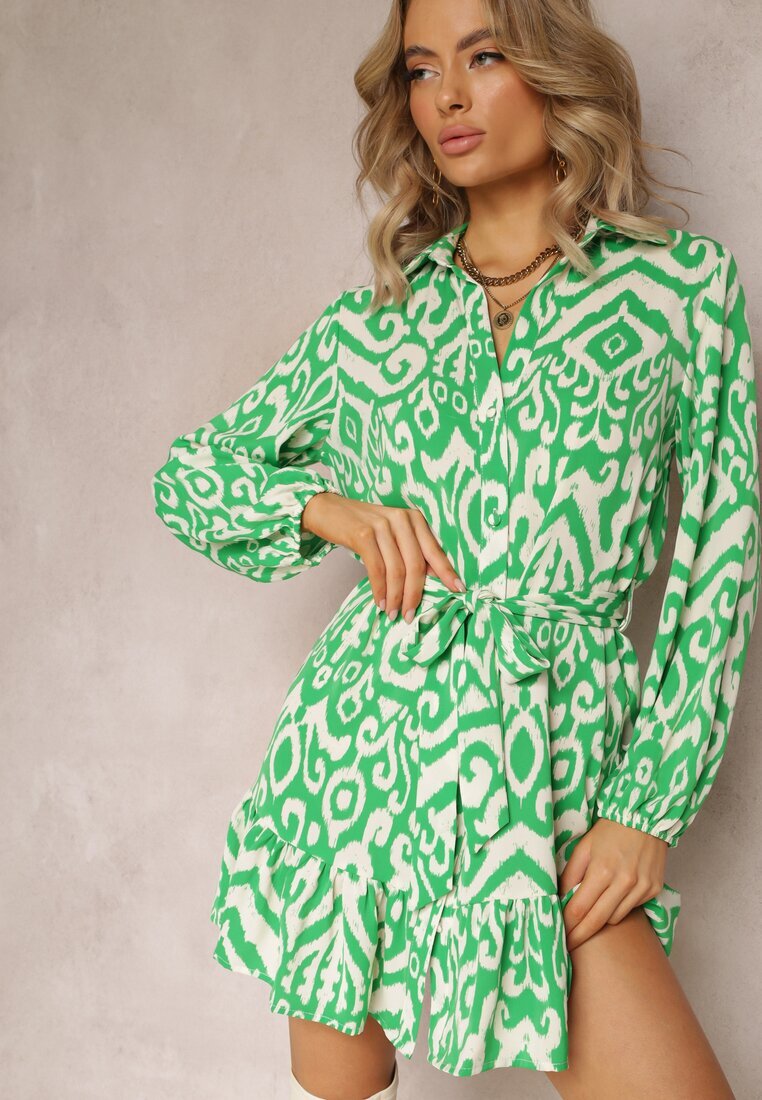 retro & icone Rochie Cămașă Verde cu Volan la Bază și Centură cu Legătură Ametista
