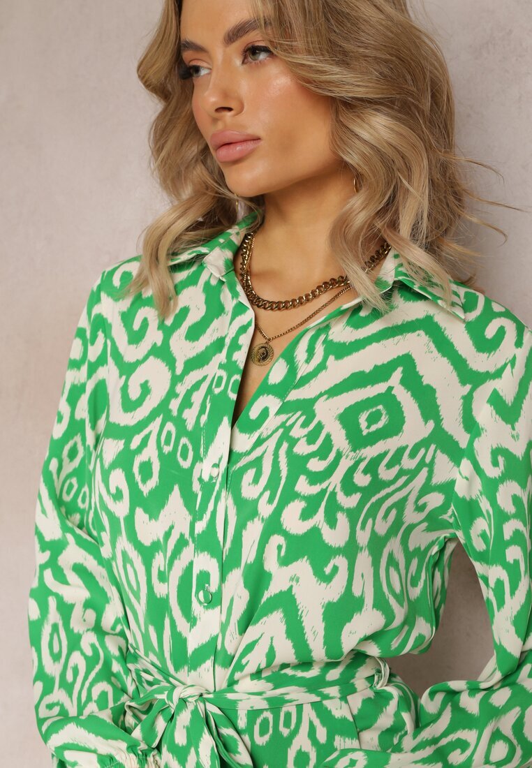 retro & icone Rochie Cămașă Verde cu Volan la Bază și Centură cu Legătură Ametista