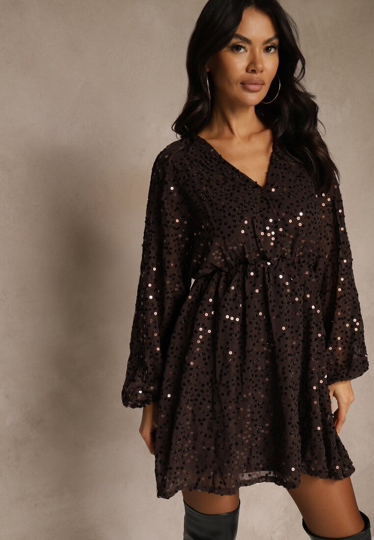 retro & icone Rochie Cloche Maro cu Mâneci Lungi Decorată cu Paiete Reisena