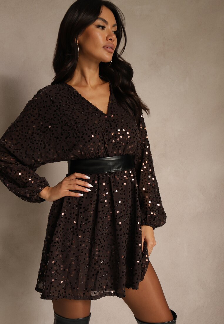 retro & icone Rochie Cloche Maro cu Mâneci Lungi Decorată cu Paiete Reisena