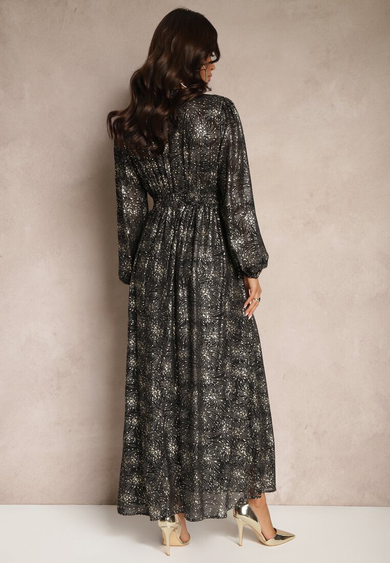 retro & icone Rochie Cloche Neagră cu Model Metalic Decorativ și Elastic în Talie Bonina