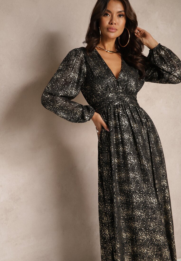 retro & icone Rochie Cloche Neagră cu Model Metalic Decorativ și Elastic în Talie Bonina