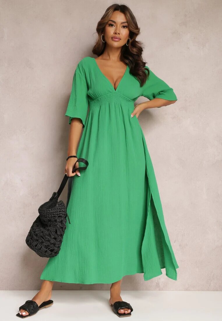 retro & icone Rochie Cloche Verde Maxi cu Decolteuri Adânci și Elastic în Talie Thanthea