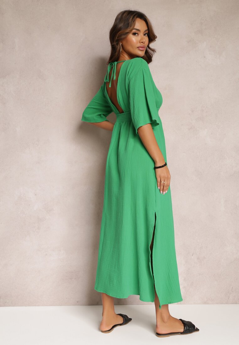 retro & icone Rochie Cloche Verde Maxi cu Decolteuri Adânci și Elastic în Talie Thanthea