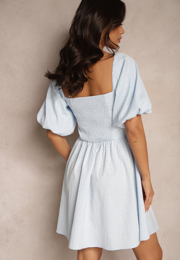 retro & icone Rochie Cloș Albastră cu Partea de Sus Elastică și Mâneci Bufante pe Umeri Velzemia