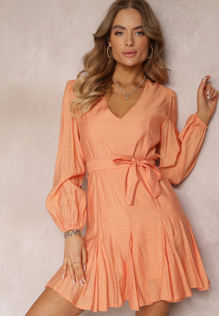 retro & icone Rochie Cloș Portocalie Mini cu Cordon în Talie Evyna