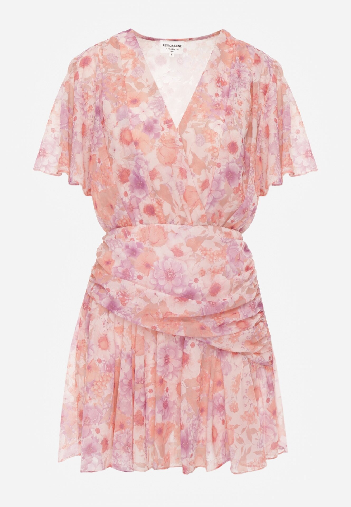 retro & icone Rochie cu elastic în talie cu flori decolteu petrecut și fronseuri Antameia Roz