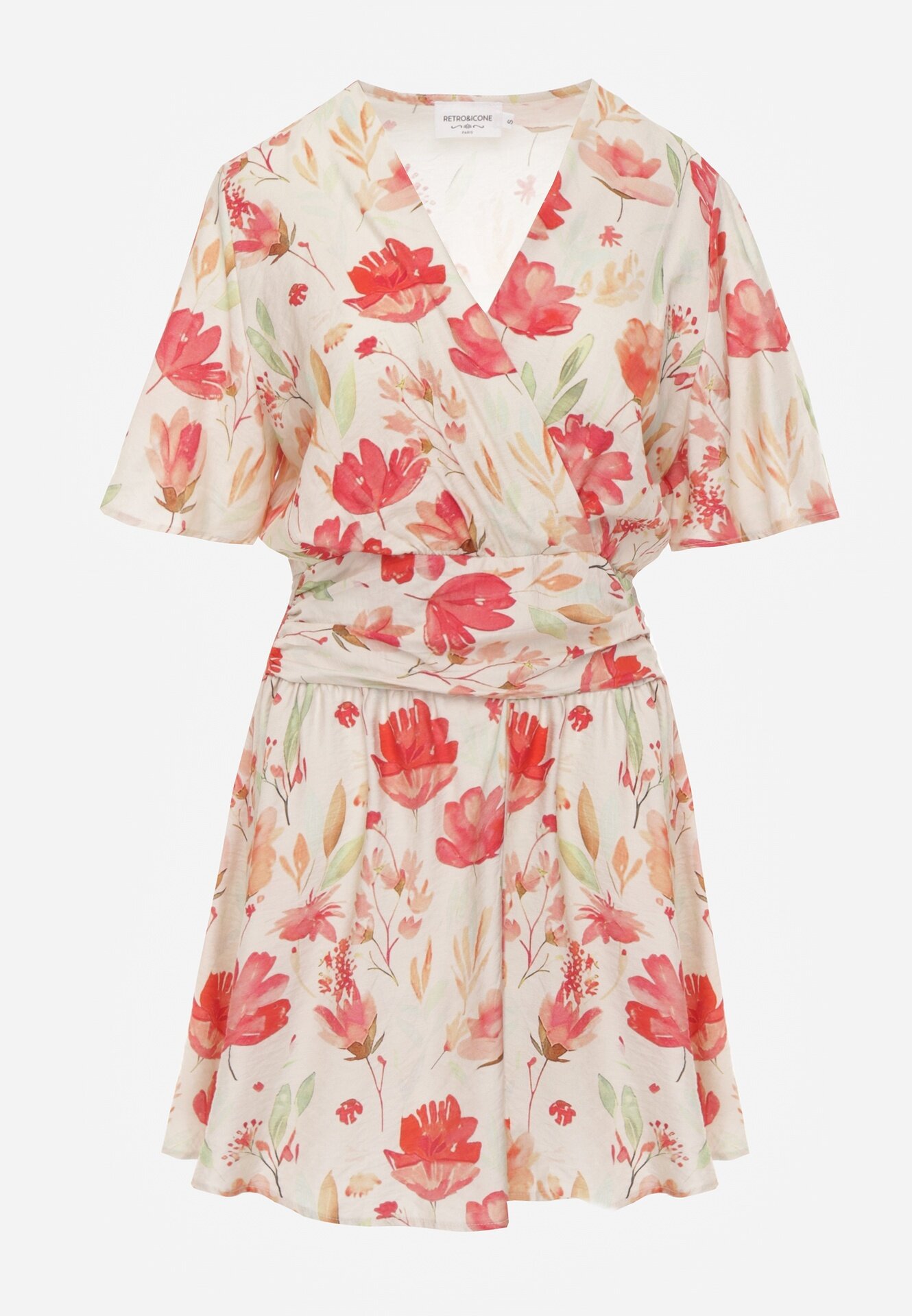retro & icone Rochie cu vâscoză elastic în talie la spate și decolteu petrecut cu flori Hippeia Bej