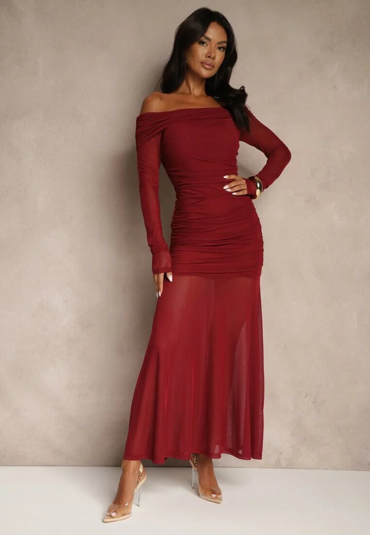 retro & icone Rochie de cocktail Bordo cu mâneci transparente și drapaj Haludea