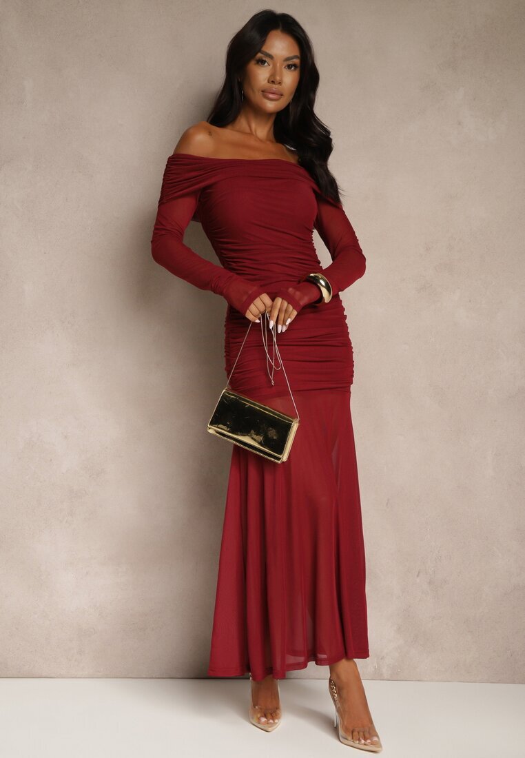 retro & icone Rochie de cocktail Bordo cu mâneci transparente și drapaj Haludea