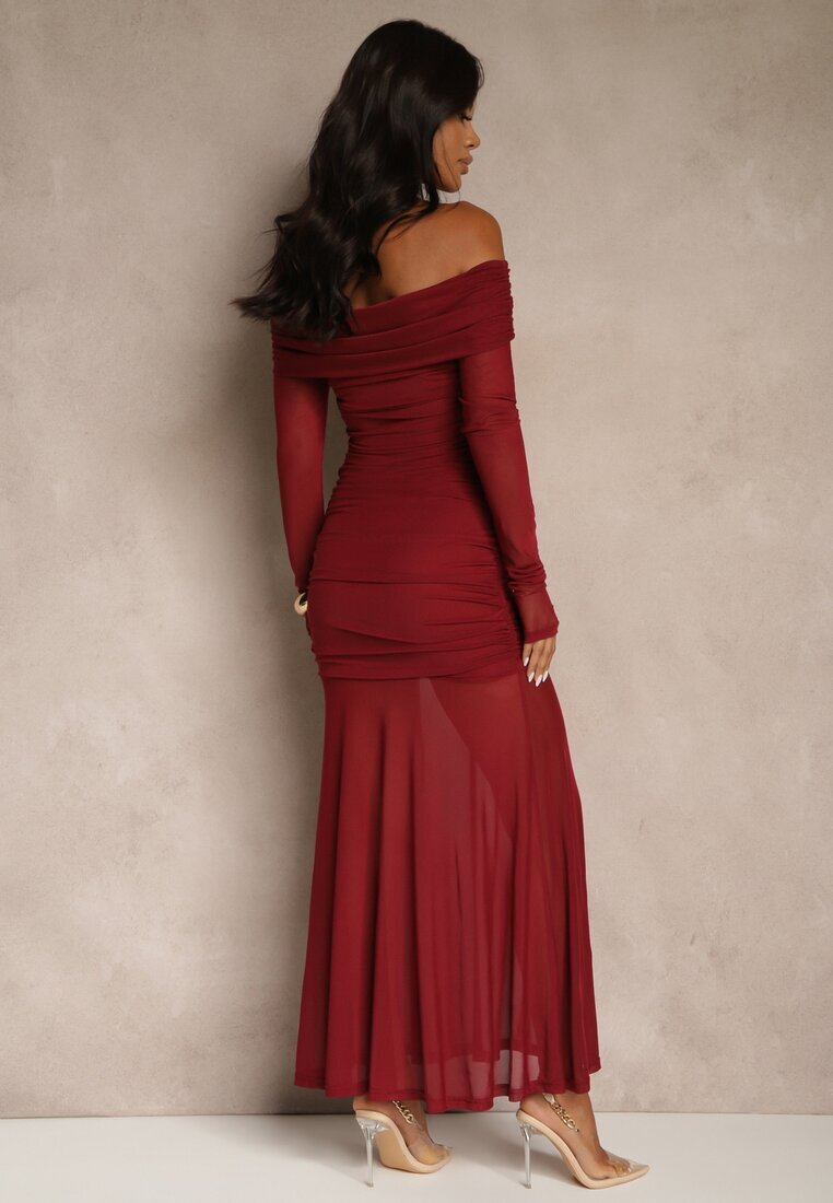 retro & icone Rochie de cocktail Bordo cu mâneci transparente și drapaj Haludea