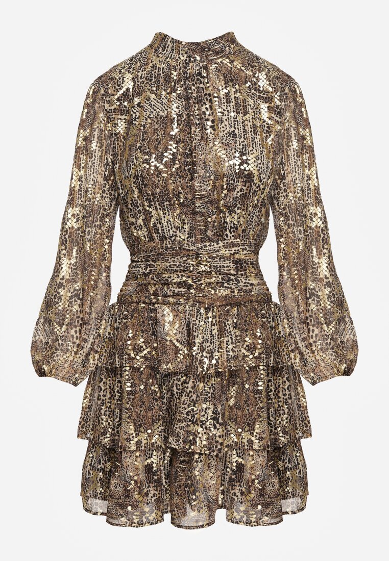 retro & icone Rochie de cocktail cu imprimeu leopard maro cu elastic în talie decorată cu volane Quinthelia