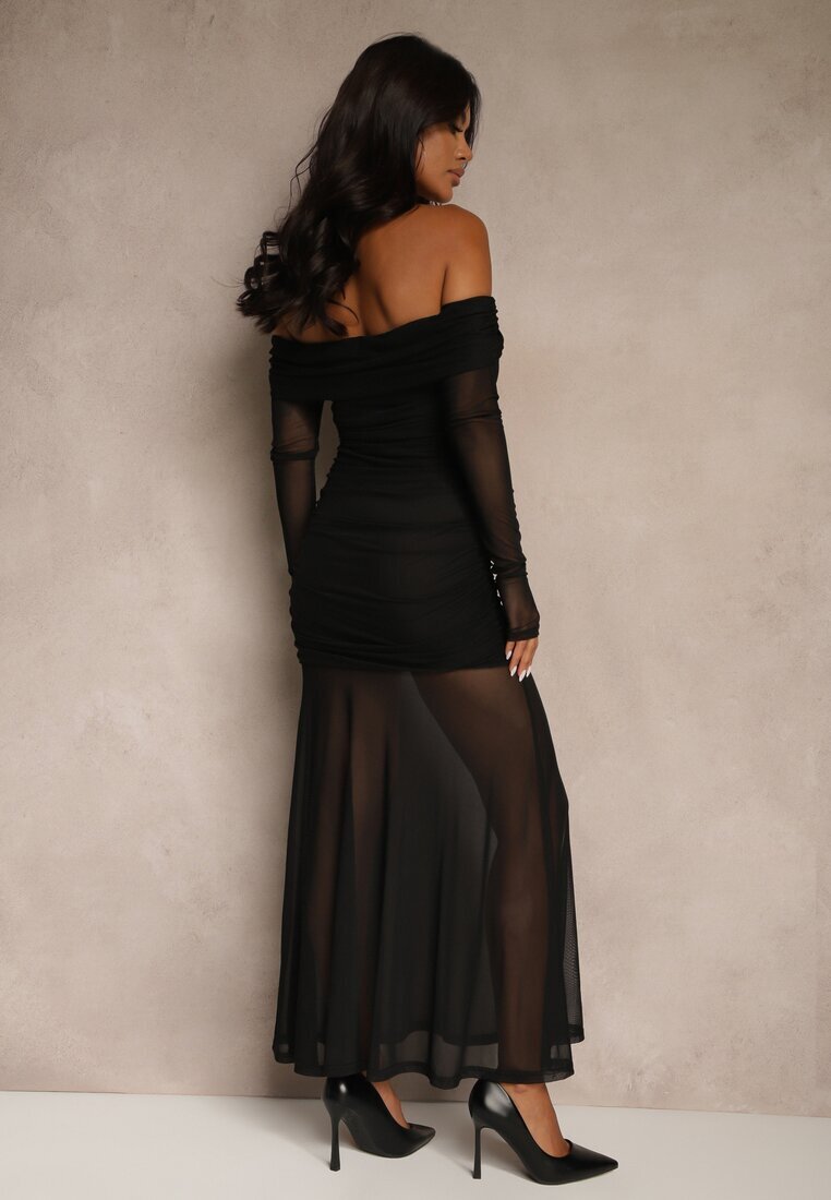 retro & icone Rochie de cocktail neagră cu mâneci transparente și drapaj Haludea