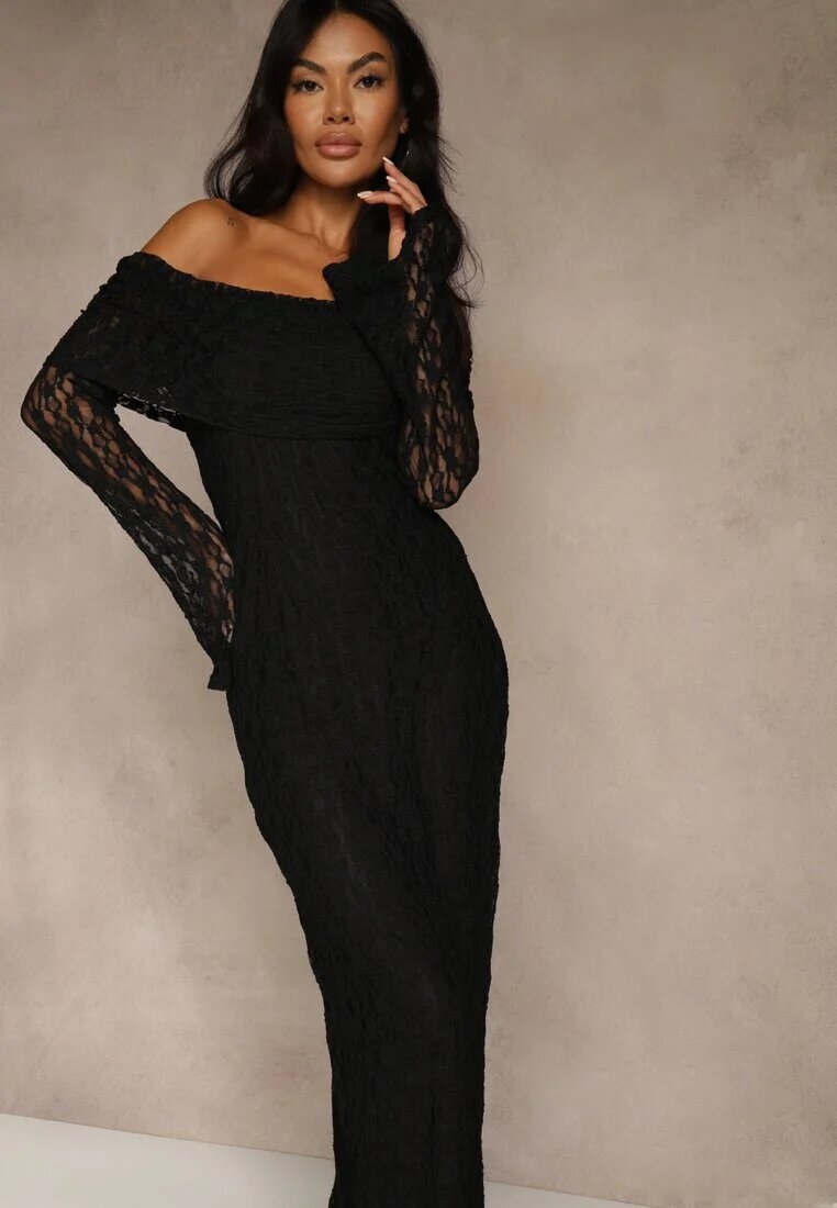 retro & icone Rochie de cocktail neagră din dantelă cu umerii goi Eperria
