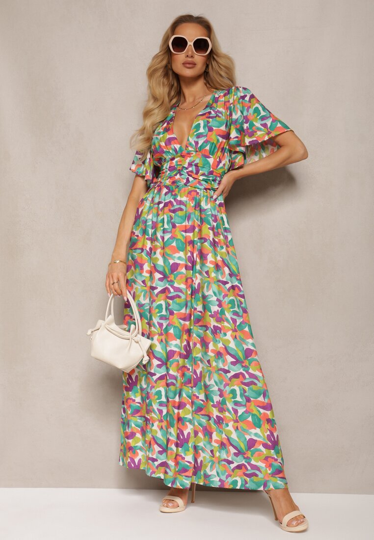 retro & icone Rochie din vâscoză verde-violet cu elastic în talie cu volane decorative și fantă Glara