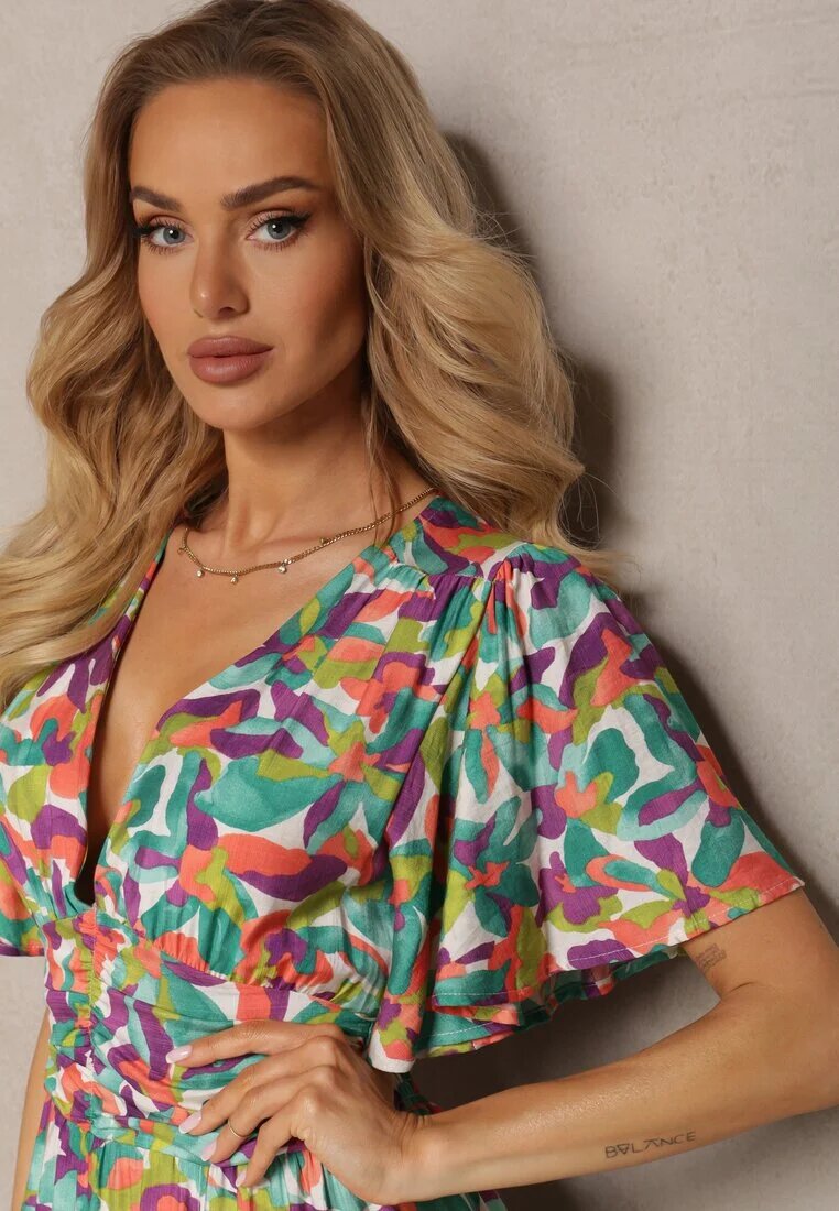 retro & icone Rochie din vâscoză verde-violet cu elastic în talie cu volane decorative și fantă Glara
