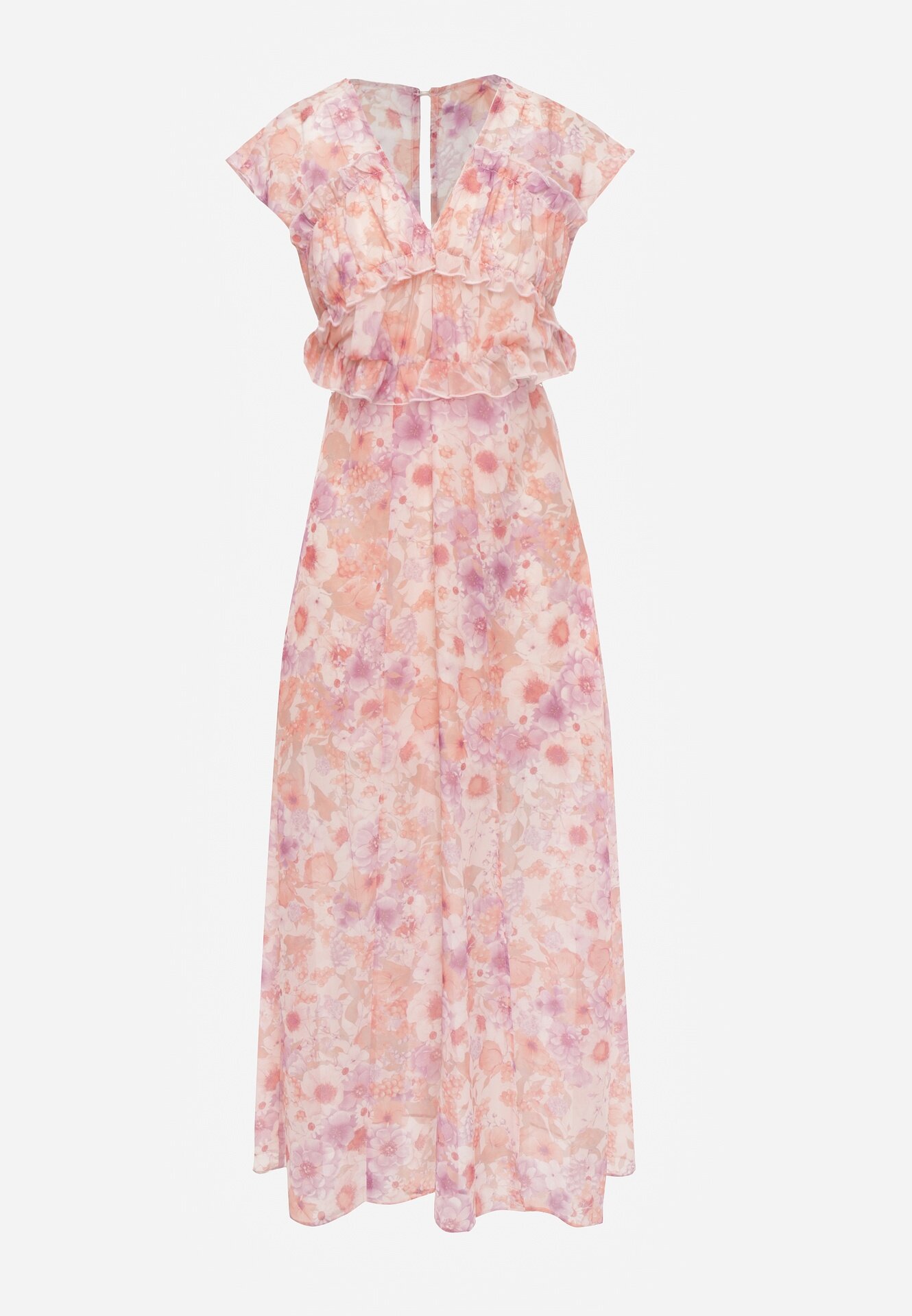retro & icone Rochie evazată cu flori cu fantă pe picior și decupaje Aerante Roz