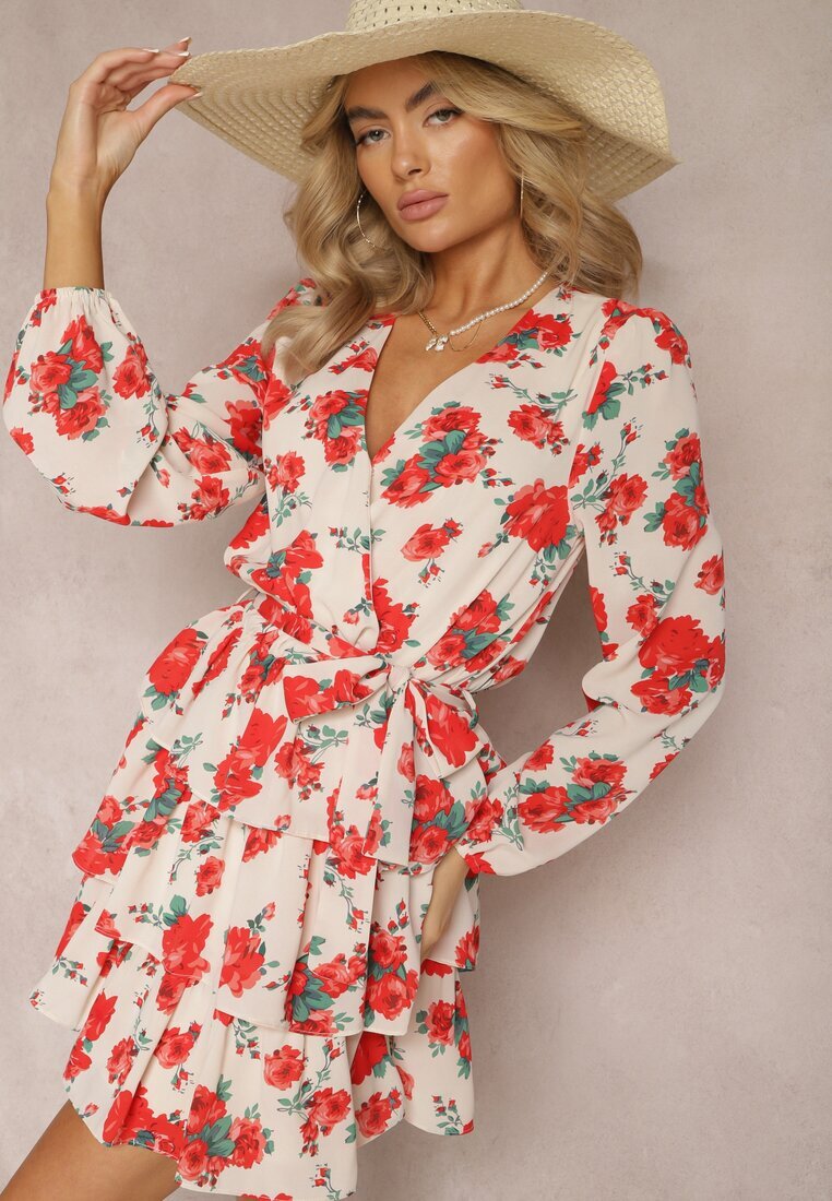 retro & icone Rochie Evazată Tip Plic cu Volane și Curea Textilă cu Imprimeu Floral Bej-Roșu Voliesa