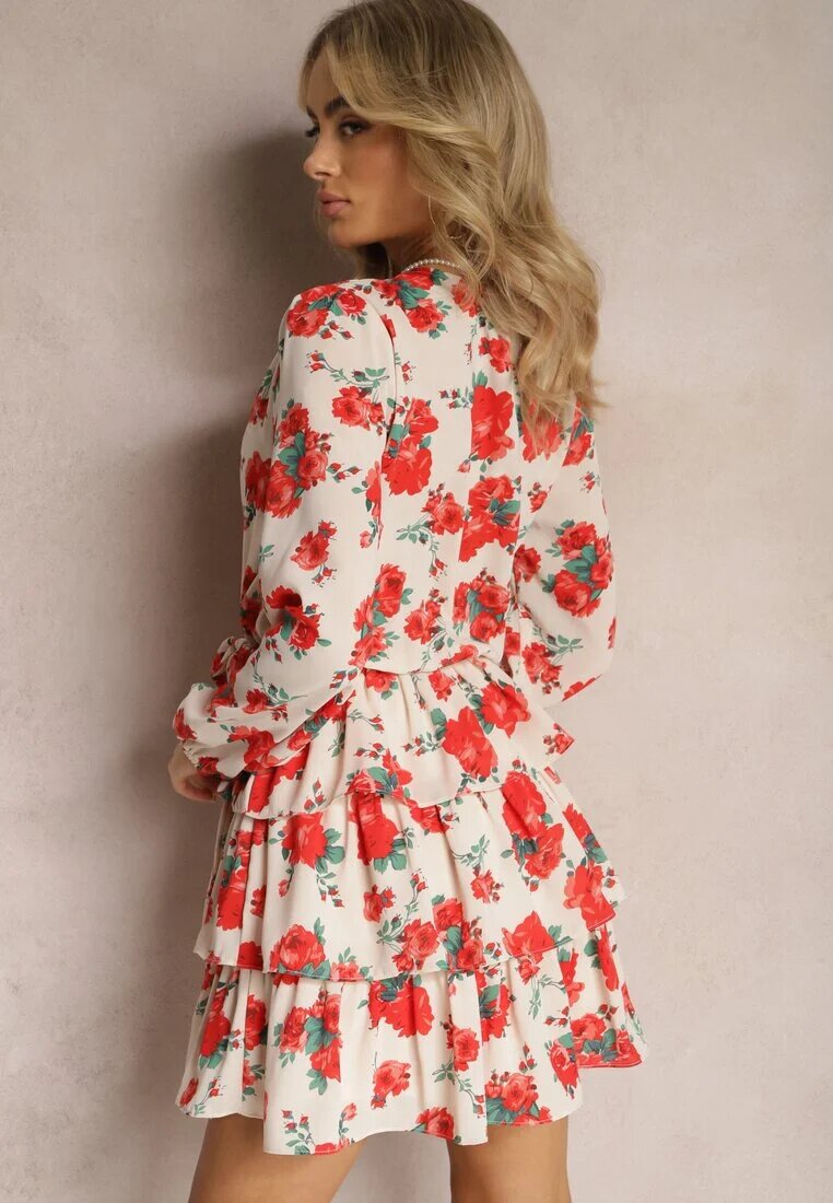 retro & icone Rochie Evazată Tip Plic cu Volane și Curea Textilă cu Imprimeu Floral Bej-Roșu Voliesa