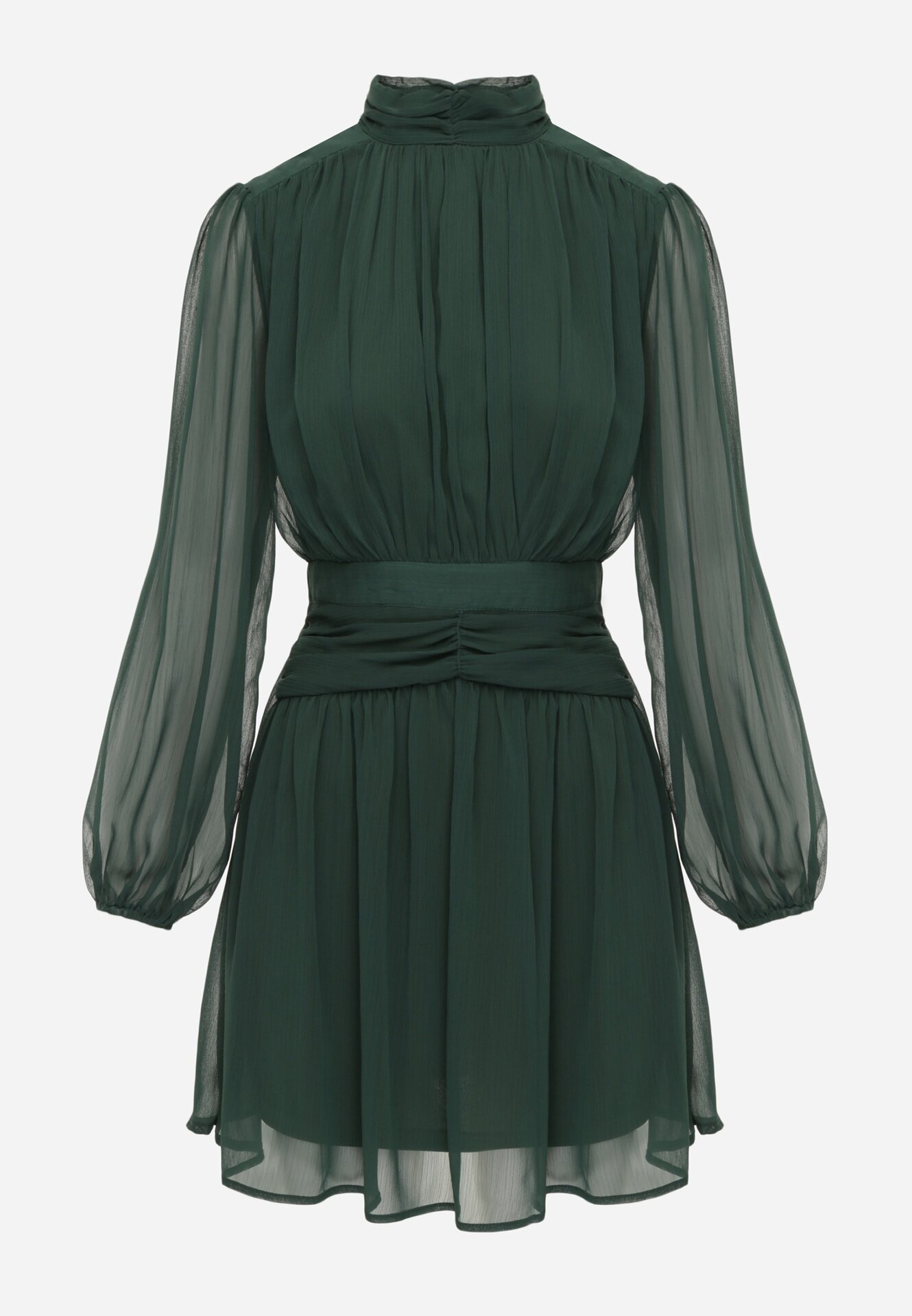 retro & icone Rochie evazată verde cu inserții semi-transparente și guler tip tunică Gelabine