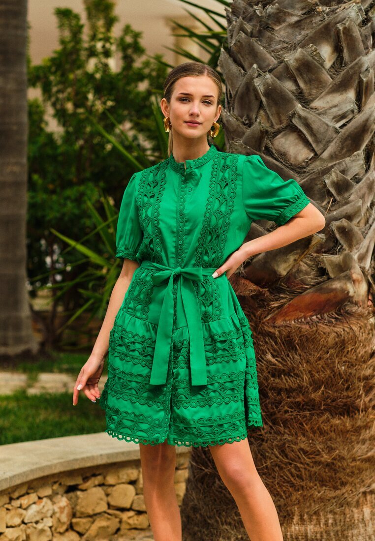 retro & icone Rochie Evazată Verde Din Dantelă cu Cordon Legat Vinka