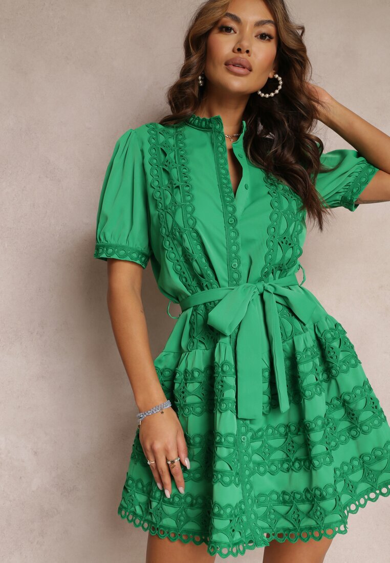 retro & icone Rochie Evazată Verde Din Dantelă cu Cordon Legat Vinka
