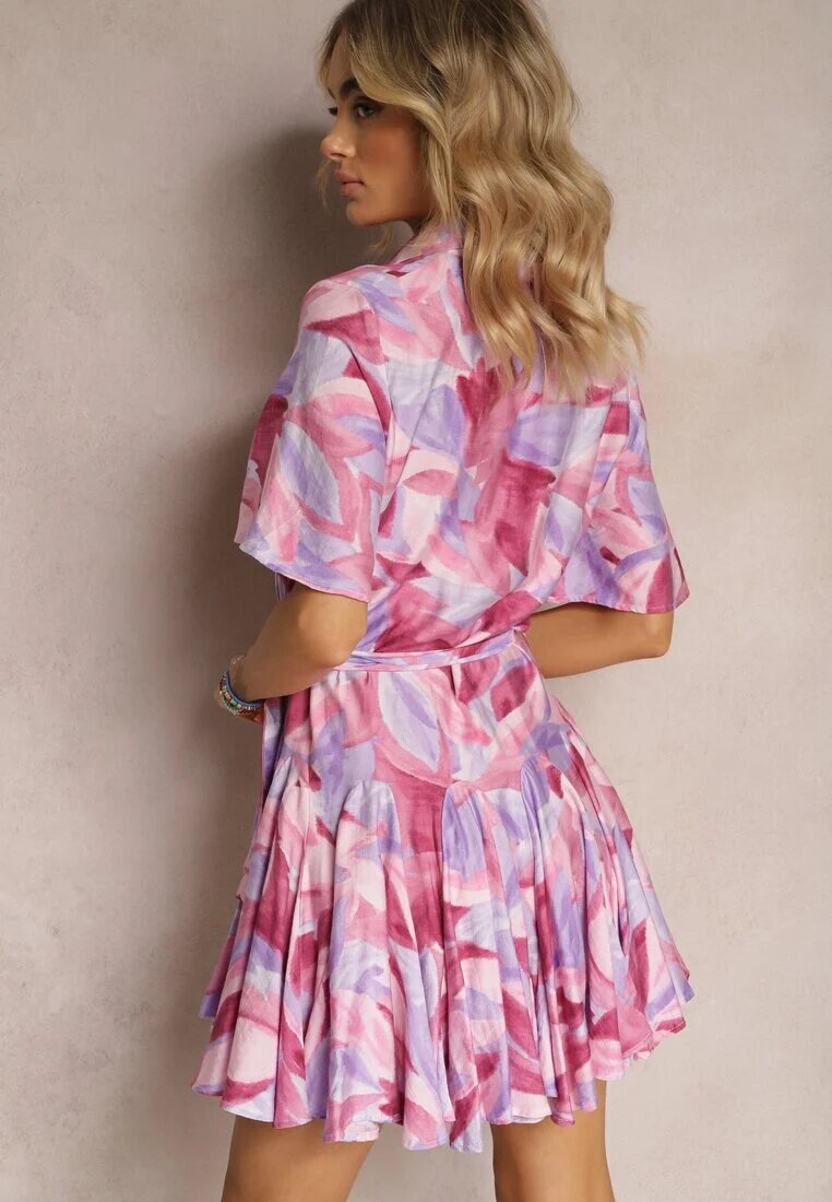 retro & icone Rochie Evazată Violet-Roz Legată în Talie cu Volane Salmarina
