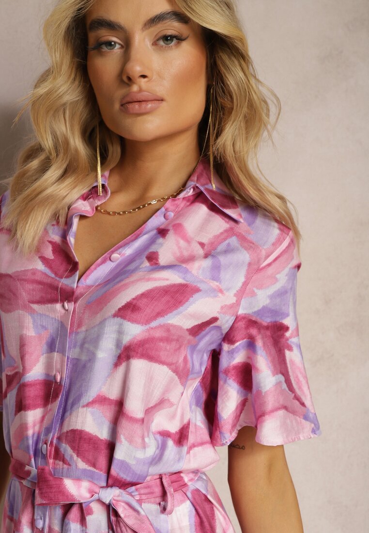 retro & icone Rochie Evazată Violet-Roz Legată în Talie cu Volane Salmarina