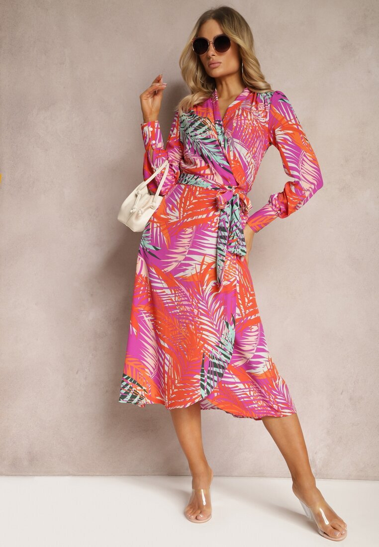 retro & icone Rochie Fioletovo-Bej cu închidere petrecută și curea din material textil Adnila