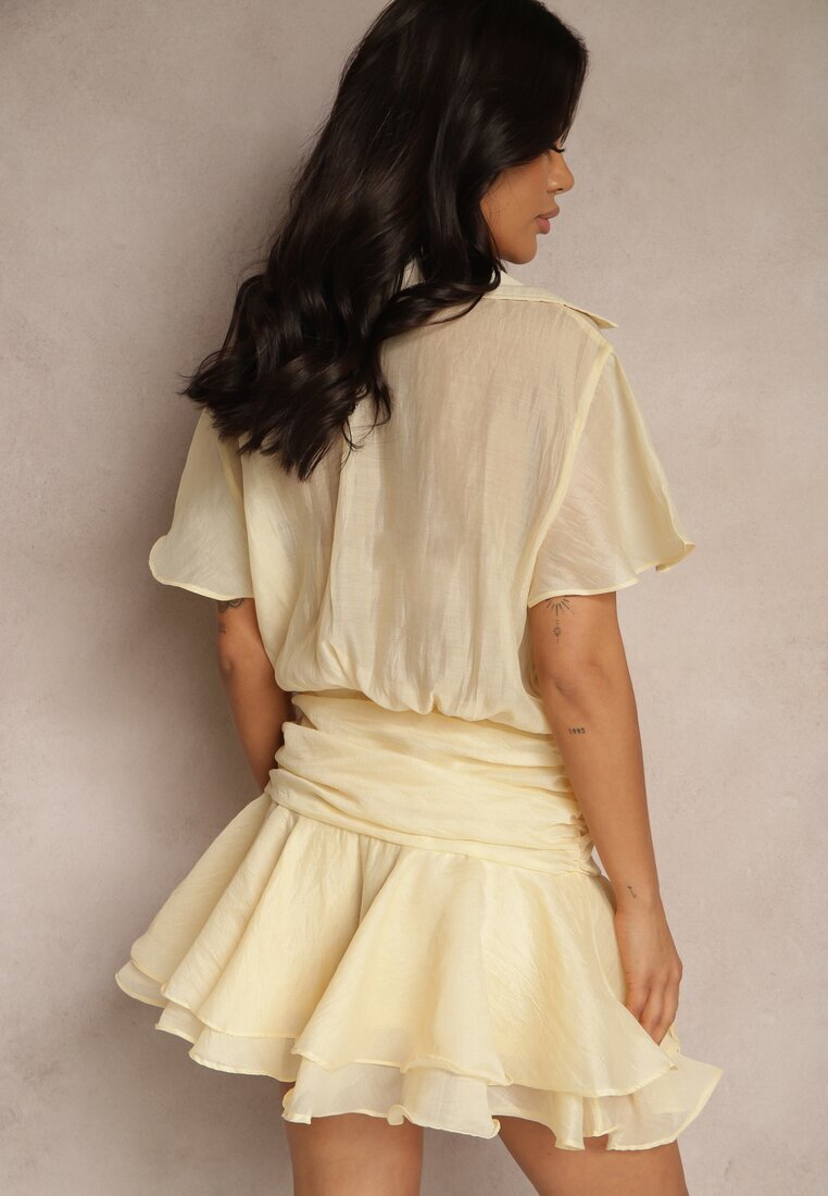 retro & icone Rochie Galbenă cu croială tip cămașă cu mânecă scurtă decorată cu volane Mirenora