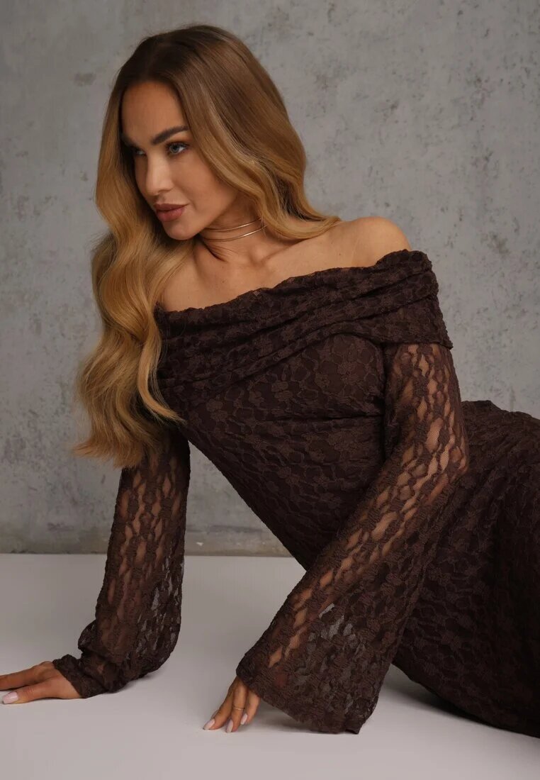 retro & icone Rochie Maro de Dantelă de Cocktail cu Umerii Descoperiți Eperria