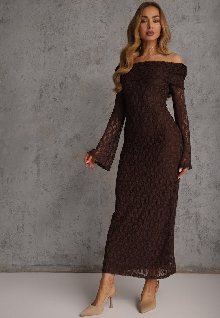retro & icone Rochie Maro de Dantelă de Cocktail cu Umerii Descoperiți Eperria
