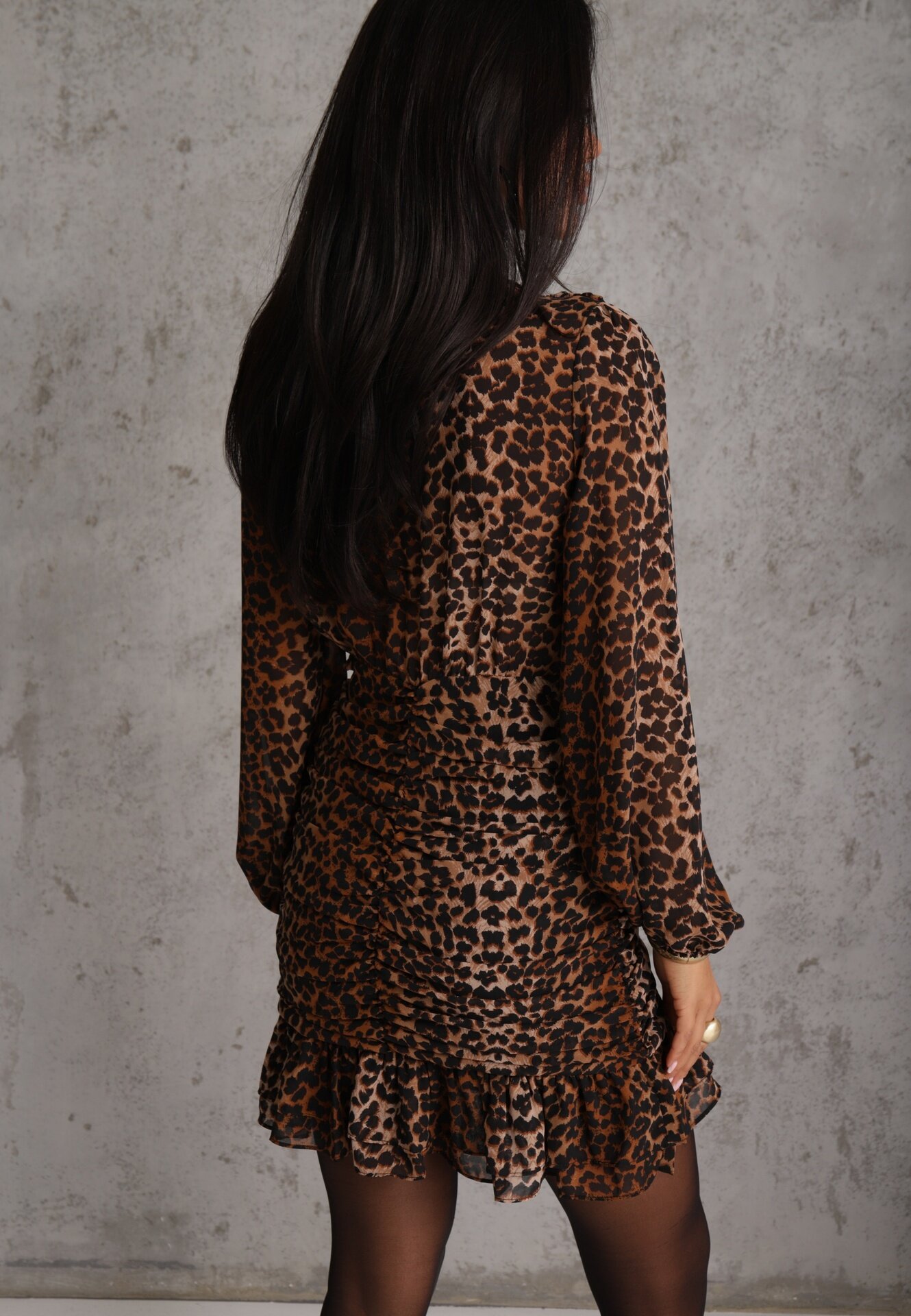 retro & icone Rochie Maro Drapată cu Croială Petrecută și Volan cu Imprimeu Leopard Semindria