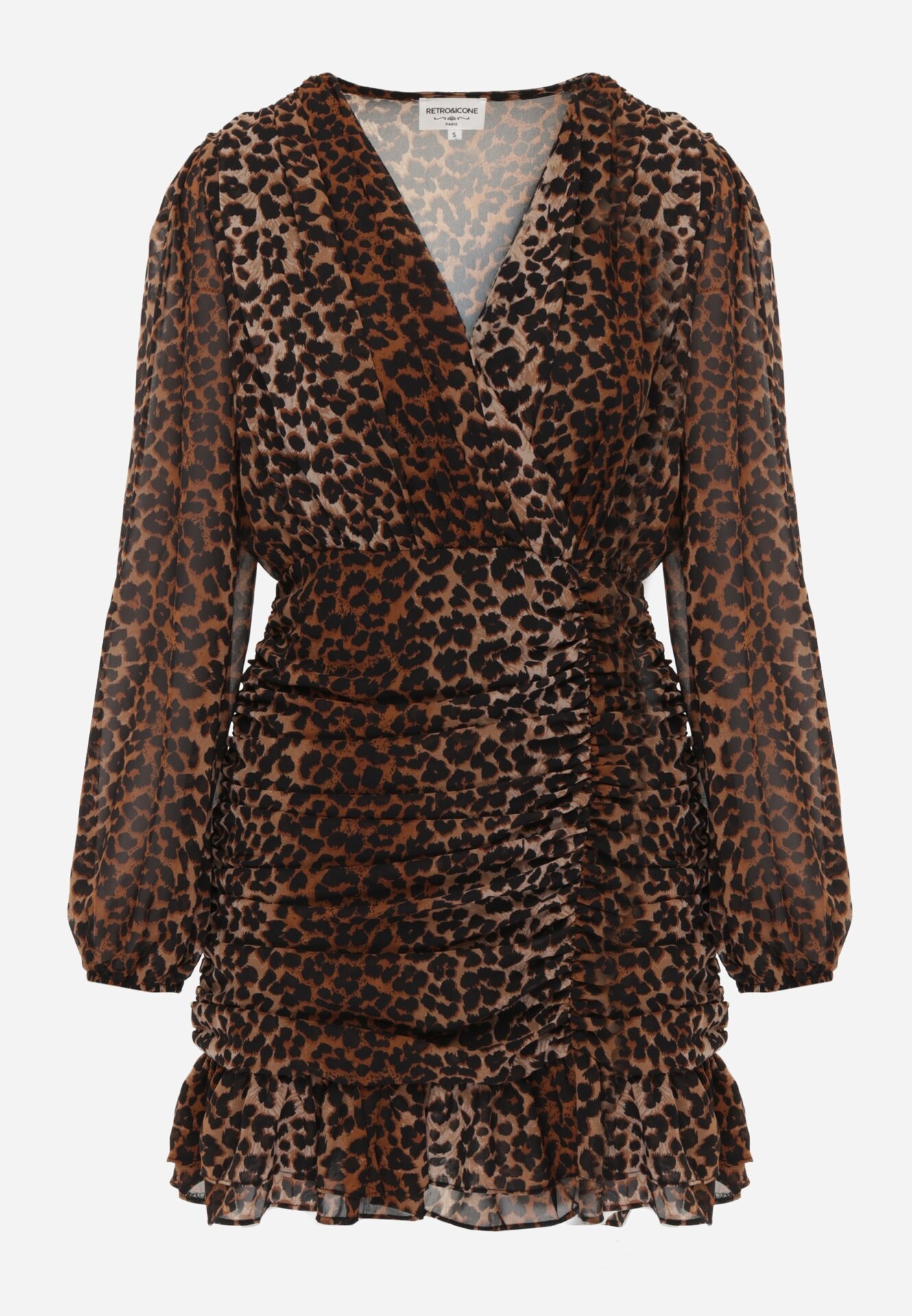retro & icone Rochie Maro Drapată cu Croială Petrecută și Volan cu Imprimeu Leopard Semindria