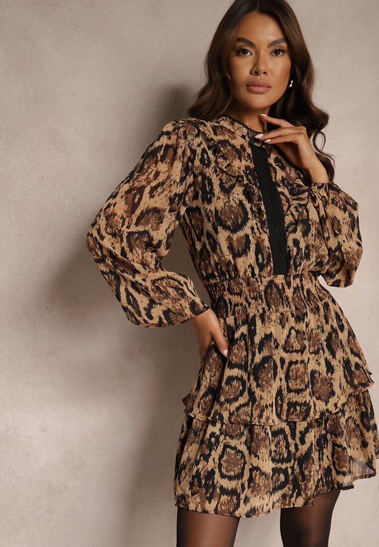 retro & icone Rochie Maro Leopard cu croială evazată cu guler înalt și volane Labrette