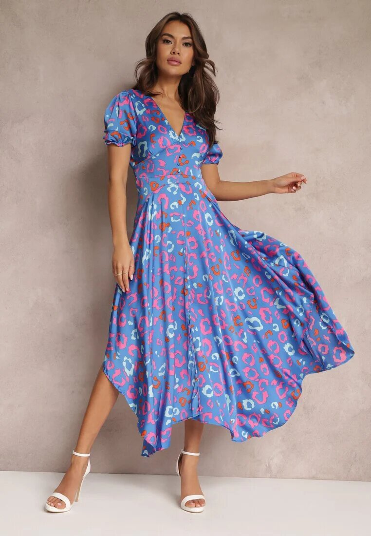 retro & icone Rochie Maxi Albastră cu Elastic în Talie și Tiv Asimetric Amparo