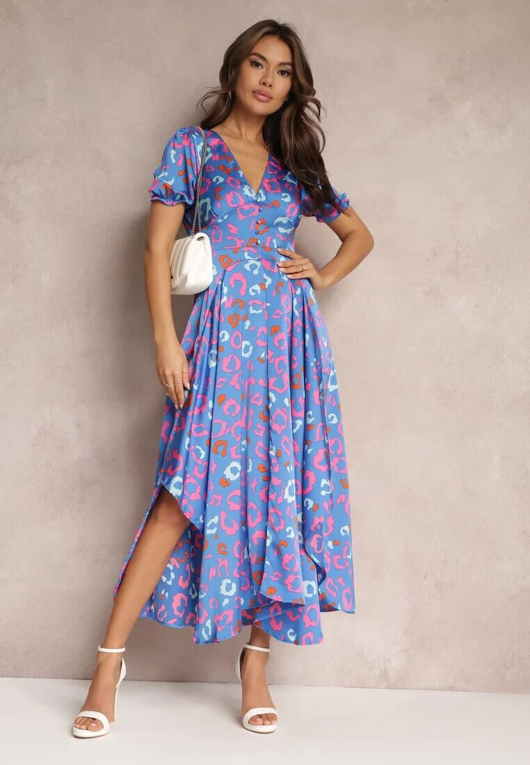 retro & icone Rochie Maxi Albastră cu Elastic în Talie și Tiv Asimetric Amparo