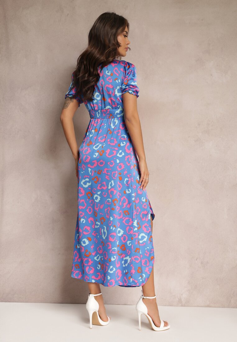 retro & icone Rochie Maxi Albastră cu Elastic în Talie și Tiv Asimetric Amparo
